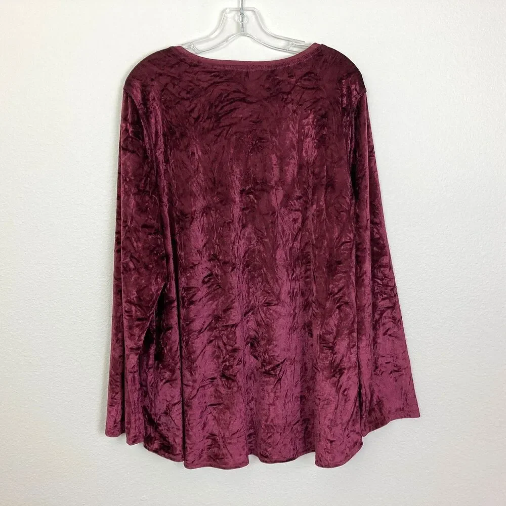 Great Northwest Indigo Women's Shirt Size 1X Burgundy Stretch Crushed Velvet
